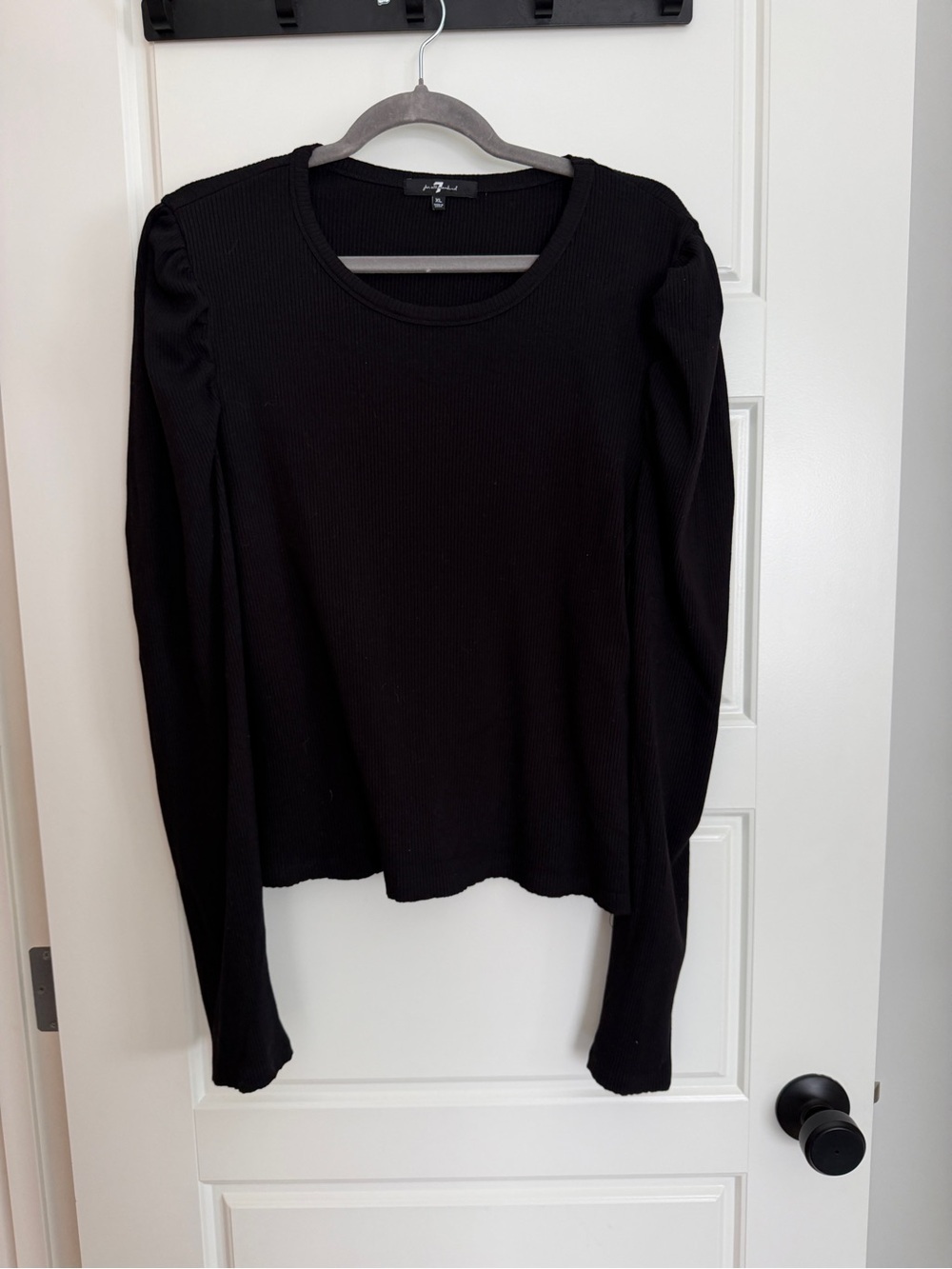 7 For All Mankind Black Ribbed Long-Sleeve Top with Puff Shoulders